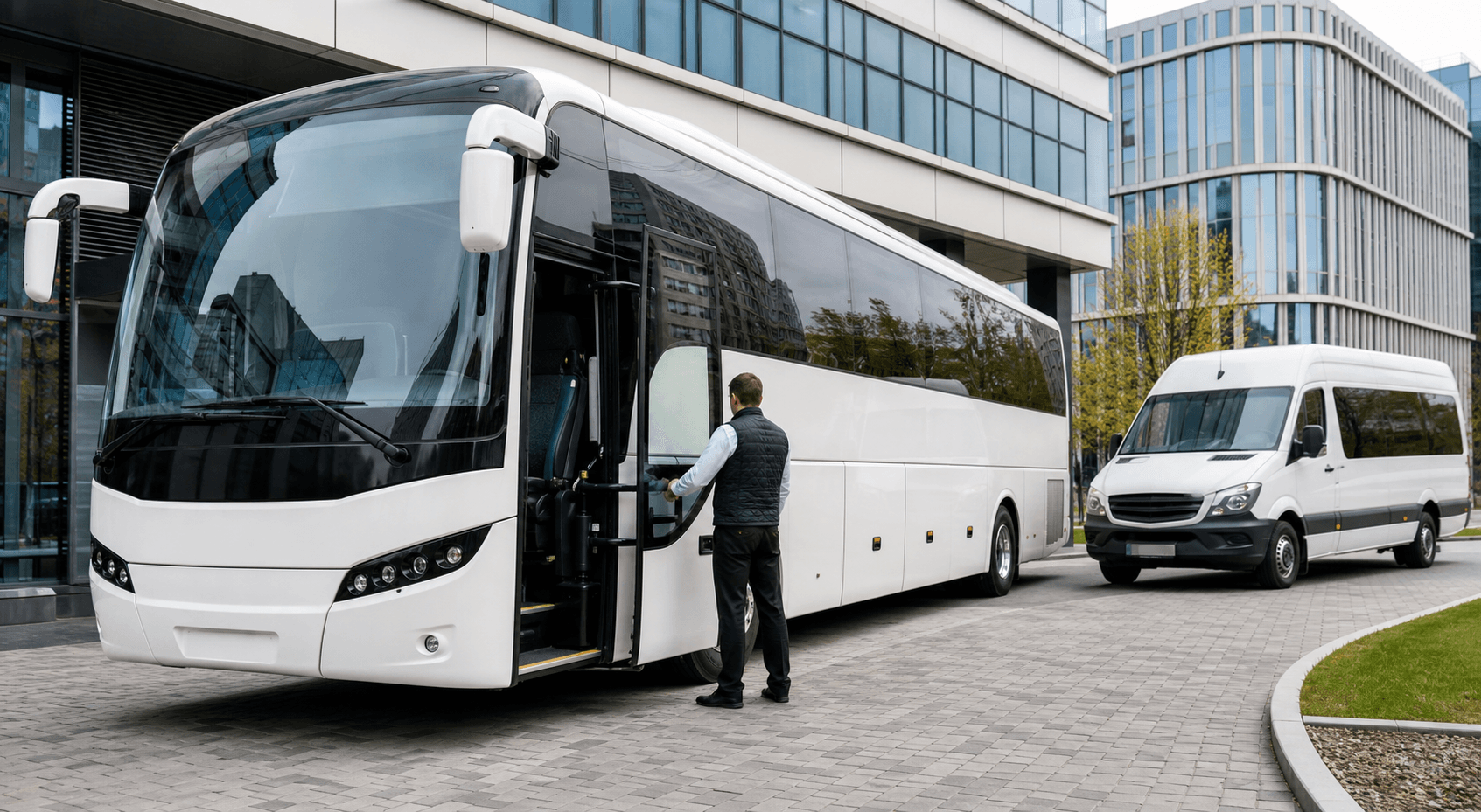 Белый автобус и микроавтобус для корпоративной пассажирской перевозки